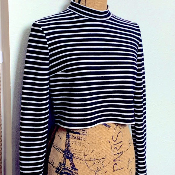 Mock Neck Black & White Striped Long Sleeve Crop Top - Picture 2 of 3